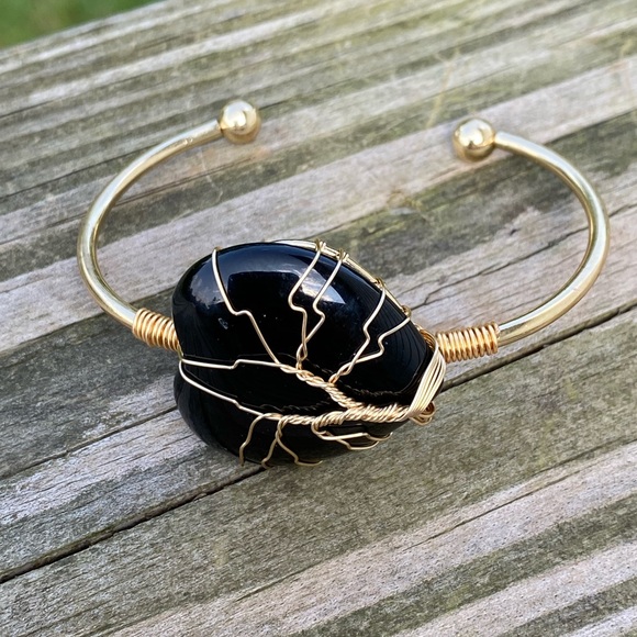 Genuine Black Onyx gemstone Heart Bracelet tree of life wire wrapped bracelet - Picture 5 of 12